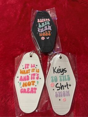 Hand Crafted Retro Phrase Keychain Tags - Black, White, Pink & Orange Accents